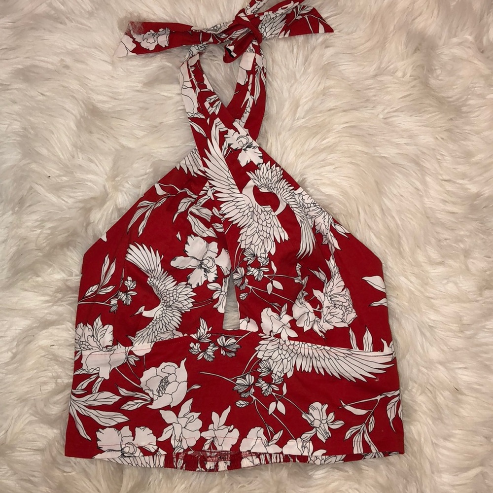 Express Red and White Floral Halter Crop Top
